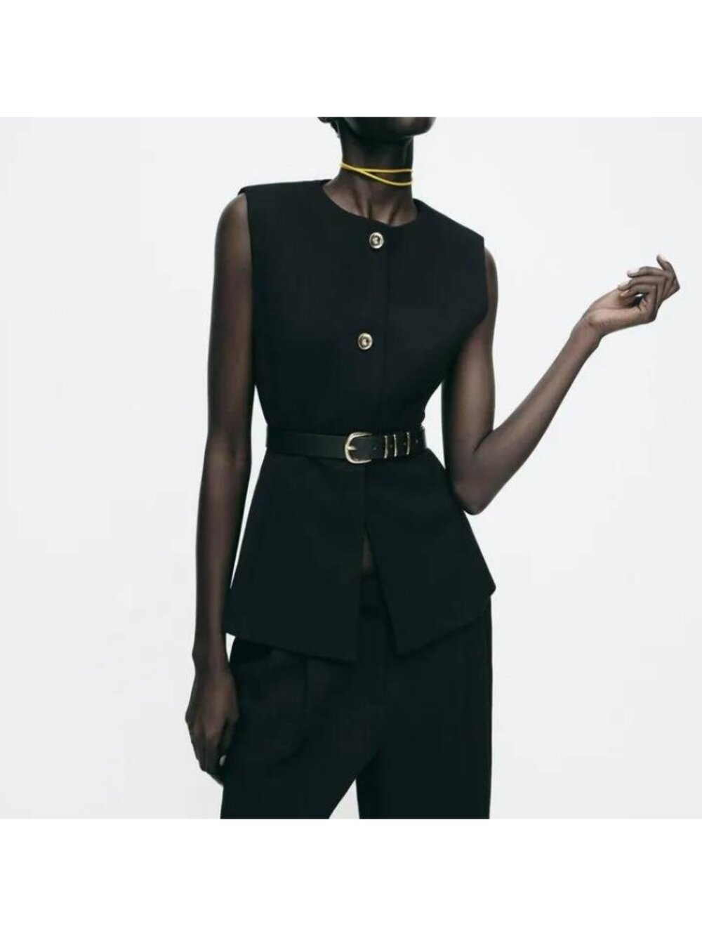 Zara Black Sleeveless Blazer Vest with Belt Medium Round Neck 2349/573 NWT